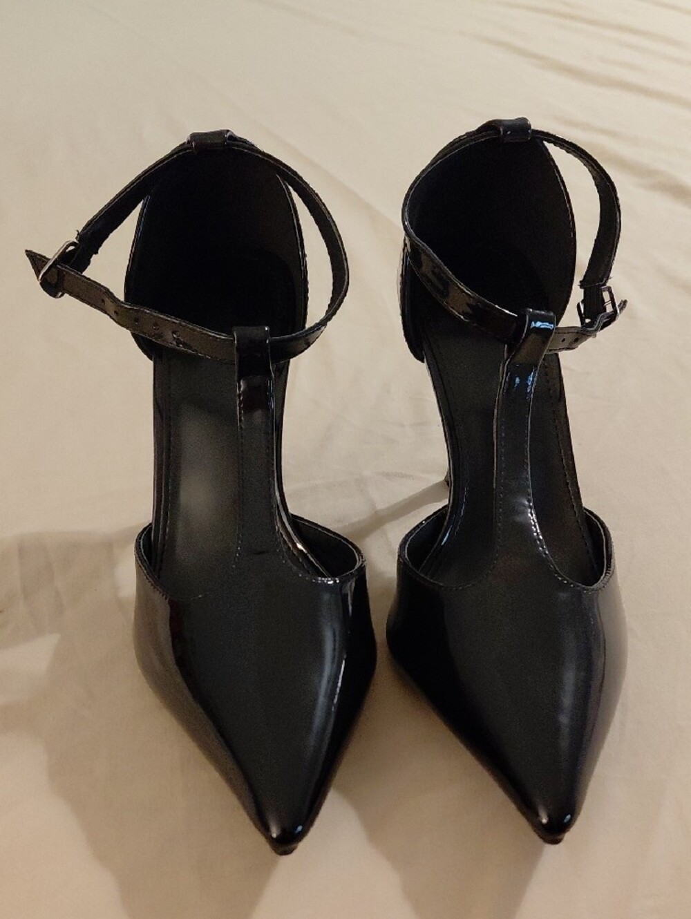 Black Patent T-Strap Pointed Toe Heels